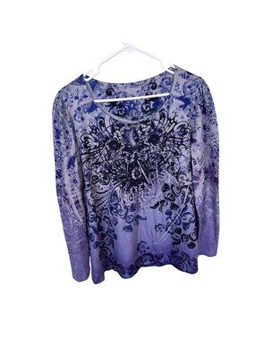 Vtg Womens Y2K Graphic Top Purple Scoop Neck Shirt Large Abstract Long Sleeve